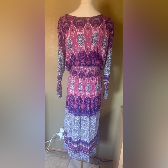 Free People Bohemian Patterned Dress Small Midi Length Long Sleeve - Picture 3 of 5